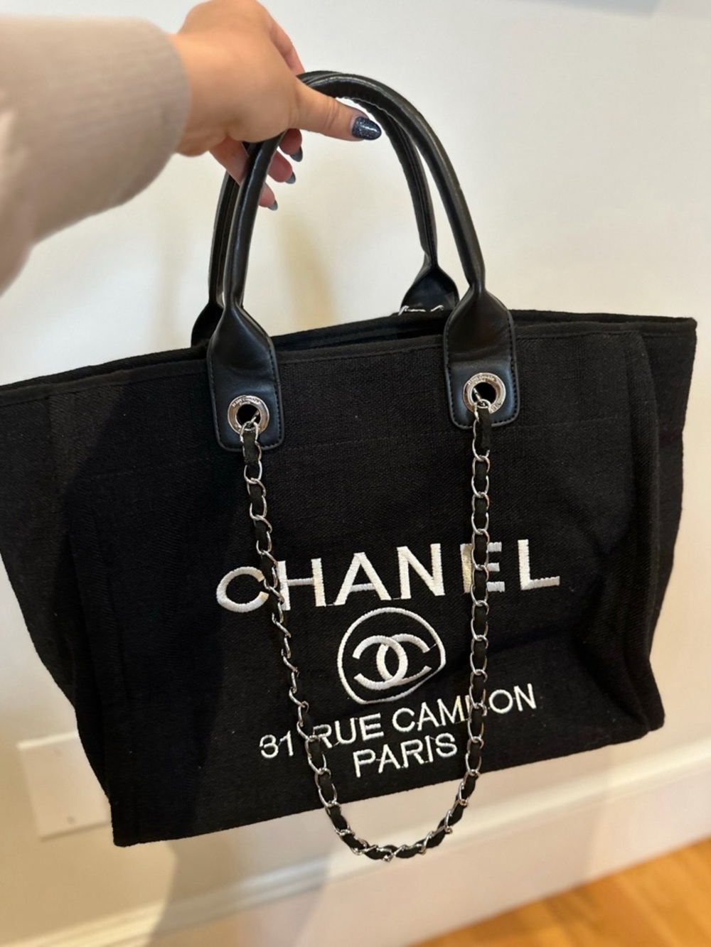 Black Canvas Tote with Chain-Link Strap